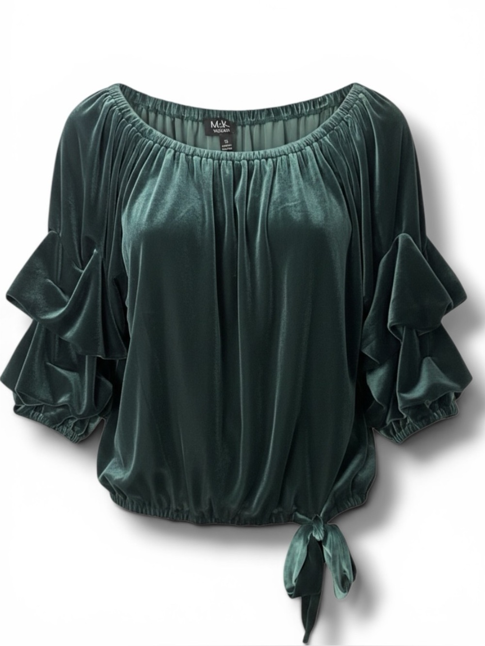 MSC SZ 1X ROMANTIC Green Velvet Off The Shoulder Ruffle Sleeve Blouse Top $89